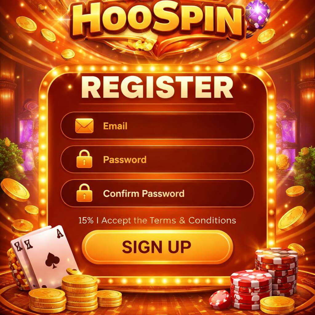 HooSpin player login interface for a modern casino platform offering reels, card games, live dealers, and fast access to the lobby